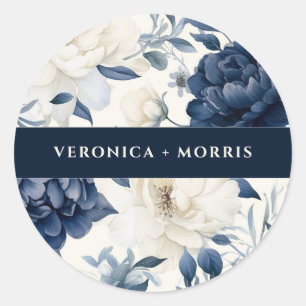 Dusty navy blue & white floral watercolor wedding classic round sticker