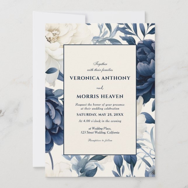 Dusty navy blue & white floral watercolor wedding invitation (Front)