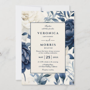 Dusty navy blue & white floral watercolor wedding invitation