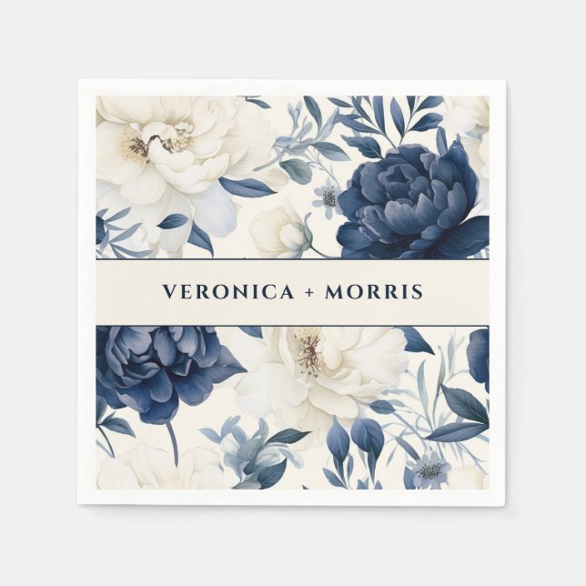 Dusty navy blue & white floral watercolor wedding napkin (Front)
