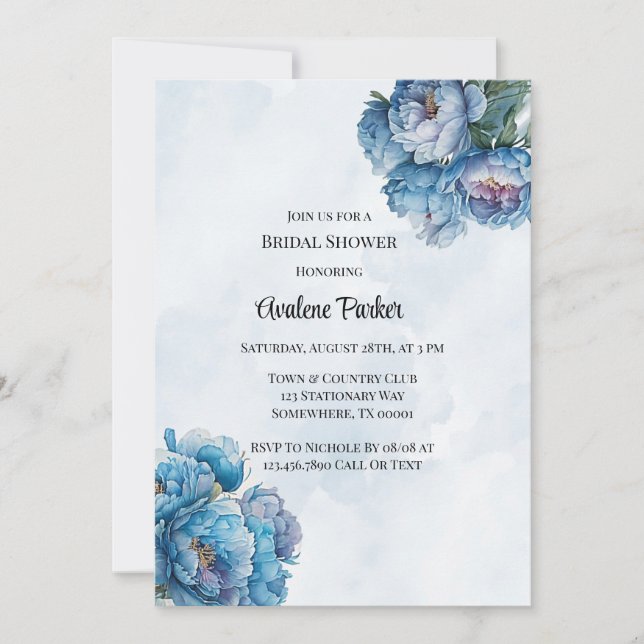 Dusty Navy Paint Peony Bridal Shower Invitation (Front)