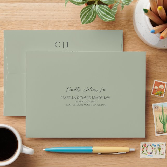Dusty Olive Green Monochromatic Wedding Envelope (Desk)