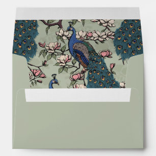 Dusty Olive Peacock Chinoiserie Wedding Envelope