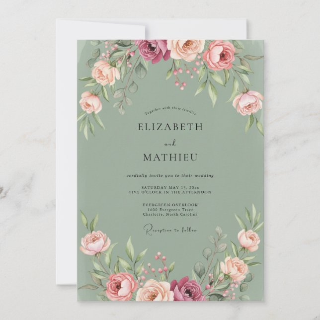 Dusty Olive Ranunculus Eucalyptus Wedding Invitation (Front)