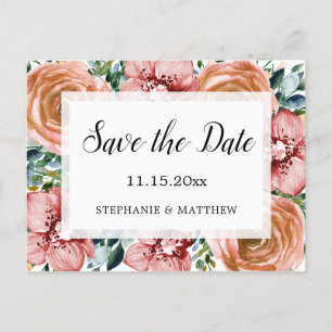 Dusty Orange Rose Orchids Wedding Save The Date Announcement Postcard