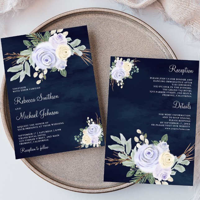 Dusty Pastel Purple Floral All in One Navy Wedding Invitation (Creator Uploaded)