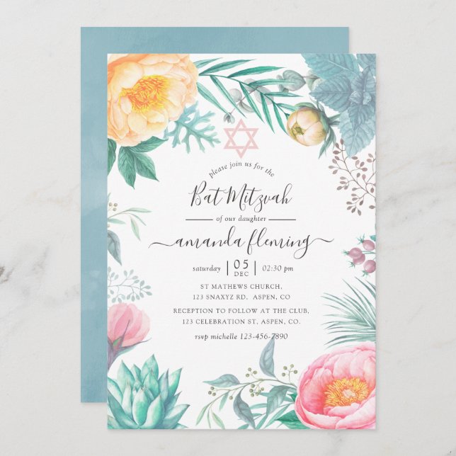 Dusty Pastel Tropical Floral Summer Bat Mitzvah Invitation (Front/Back)