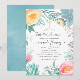 Dusty Pastel Tropical Floral Summer Holy Communion Invitation