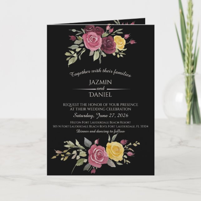 Dusty Pastel Watercolor Roses Black Invitation (Front)