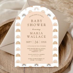 Dusty Peach Arch Earthy Boho Rainbow Baby Shower Invitation