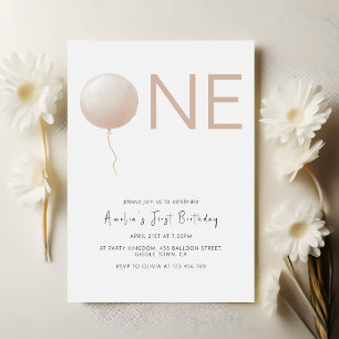 Dusty Peach Balloon Minimalist First Birthday Invitation