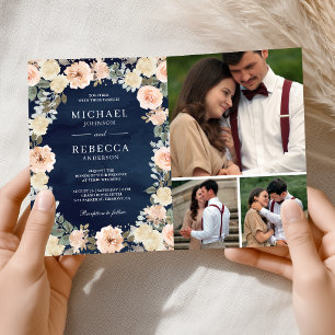 Dusty Peach Floral Navy Blue QR Code Wedding Invitation