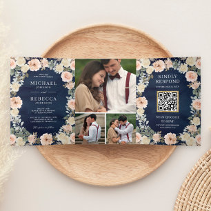 Dusty Peach Floral Navy Blue QR Code Wedding Tri-Fold Invitation
