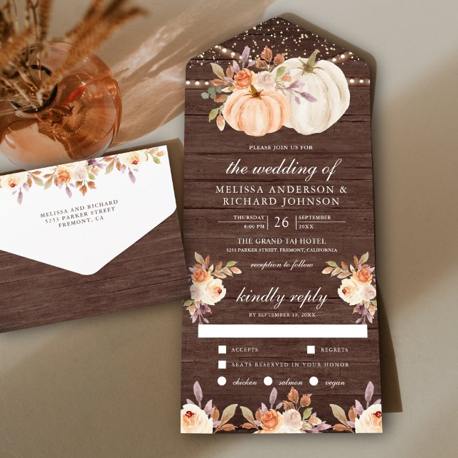 Dusty Peach Floral Pumpkin Barn Wood Wedding All In One Invitation (Creator Uploaded)