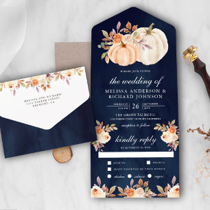 Dusty Peach Floral Pumpkin Navy Blue Wedding All In One Invitation