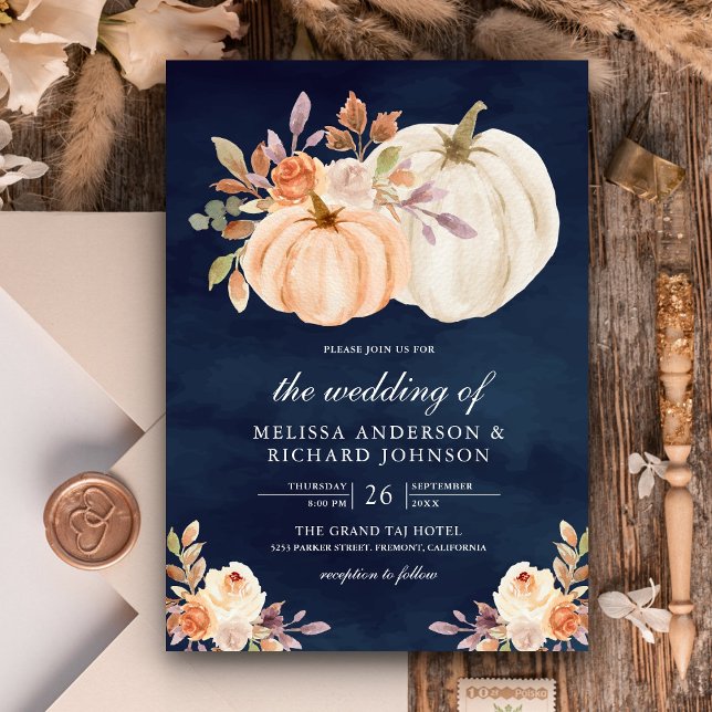 Dusty Peach Floral Pumpkin Navy Blue Wedding Invitation (Creator Uploaded)