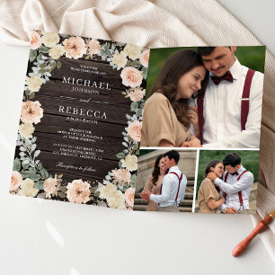 Dusty Peach Floral Rustic Wood QR Code Wedding Invitation