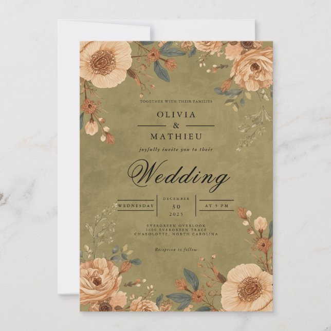 Dusty Peach Floral Wedding Invitation (Front)