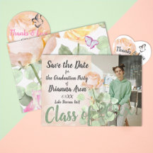 Dusty Peach, Green Vintage Graduation Save Date