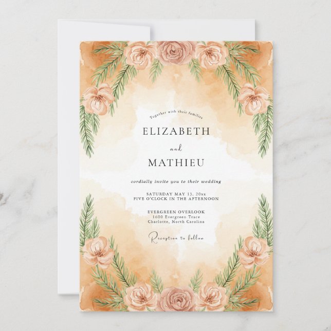 Dusty Peach Painted Leafy Wedding Invitation (Front)