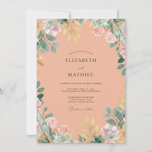 Dusty Peach Painted Wildflower Wedding Invitation (Front)