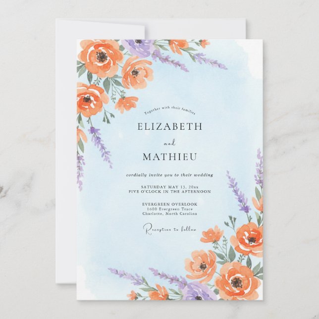 Dusty Peach Periwinkle Wildflower Wedding Invitation (Front)