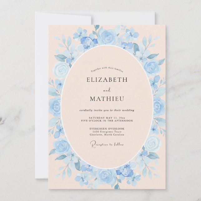Dusty Peach Periwinkle Wreath Wedding Invitation (Front)