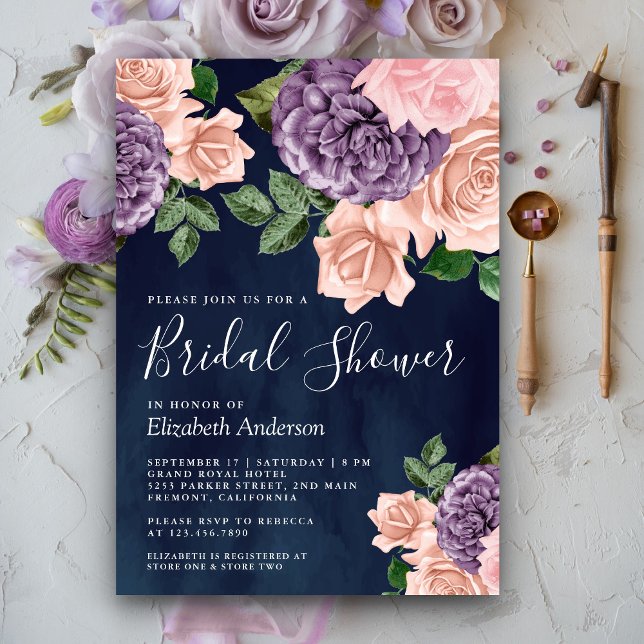 Dusty Peach Purple Floral Navy Blue Bridal Shower Invitation (Creator Uploaded)