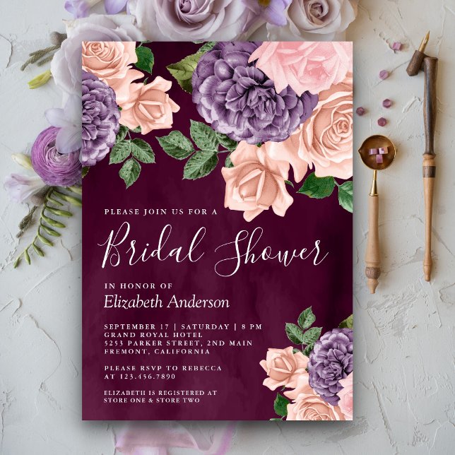 Dusty Peach Purple Floral Plum Bridal Shower Invitation (Creator Uploaded)