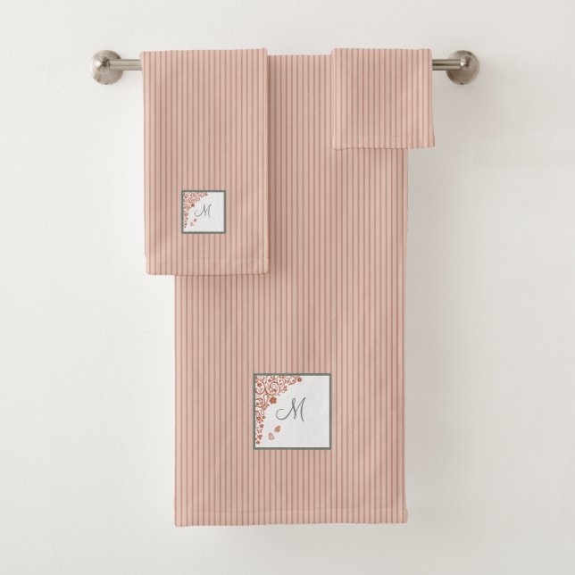 Dusty Peach Stripe Terracotta Butterfly Monogram Bath Towel Set (Insitu)