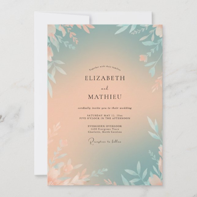 Dusty Peach Teal Leafy Wedding Invitation (Front)