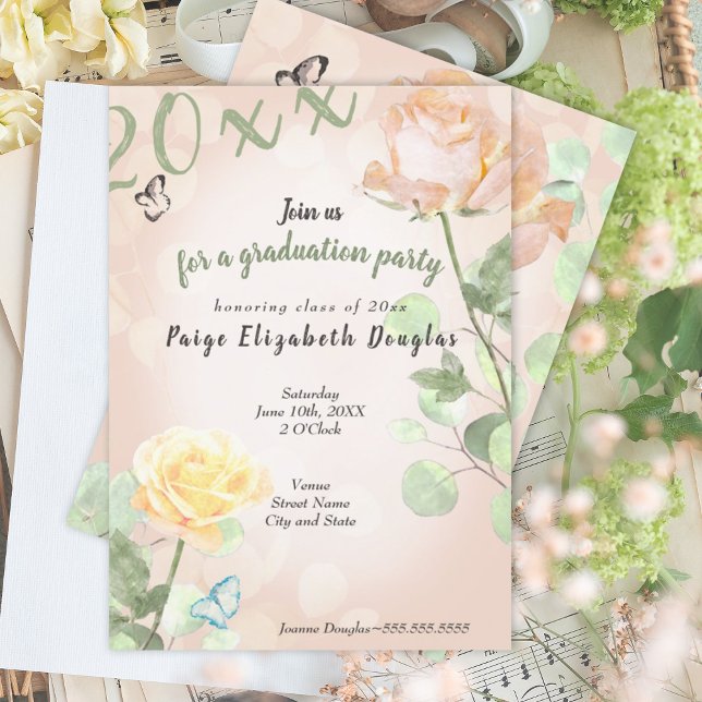 Dusty Peach Vintage Botanical Graduation Party Invitation (peach pink eucalyptus green girls graduation party invitation botanical rose light green dusty peach)