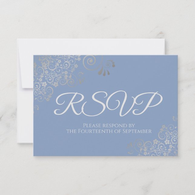 Dusty Periwinkle Blue Elegant Silver Lace Wedding RSVP Card (Front)