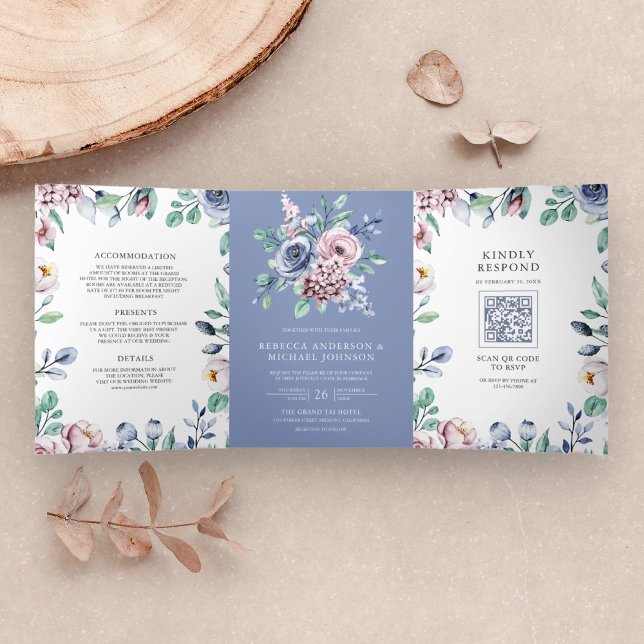 Dusty Periwinkle Blue Pink Floral QR Code Wedding Tri-Fold Invitation (Creator Uploaded)