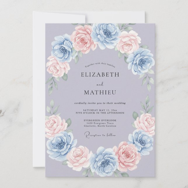 Dusty Periwinkle Peony Wedding Invitation (Front)