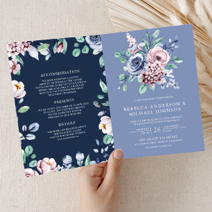 Dusty Periwinkle Pink Floral Navy QR Code Wedding Invitation