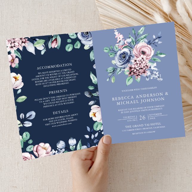 Dusty Periwinkle Pink Floral Navy QR Code Wedding Invitation (Creator Uploaded)