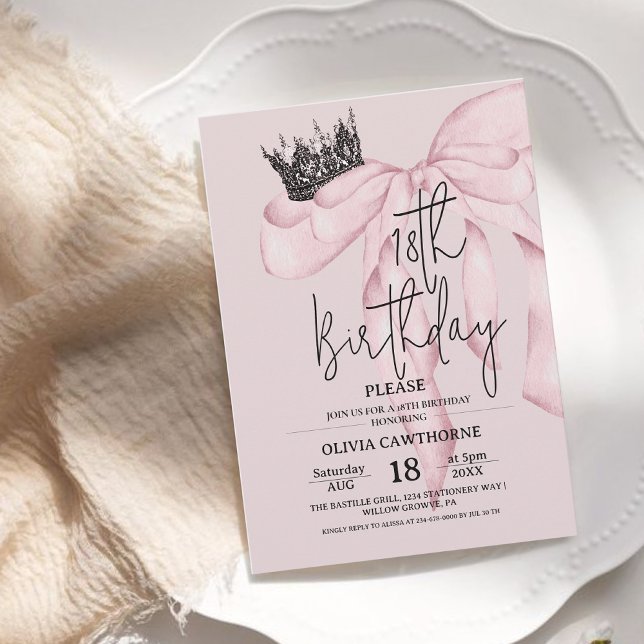 Dusty Pink 18th Birthday ⎮Pink Royal Bow Party Invitation (Creator Uploaded)