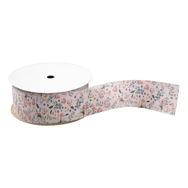 Dusty Pink and Blue Floral Gouache Print Ribbon Grosgrain Ribbon (Spool)