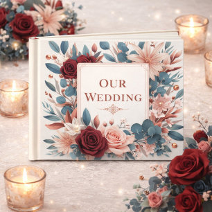 Dusty Pink and Blue Flowers with Burgundy Roses Guest Book