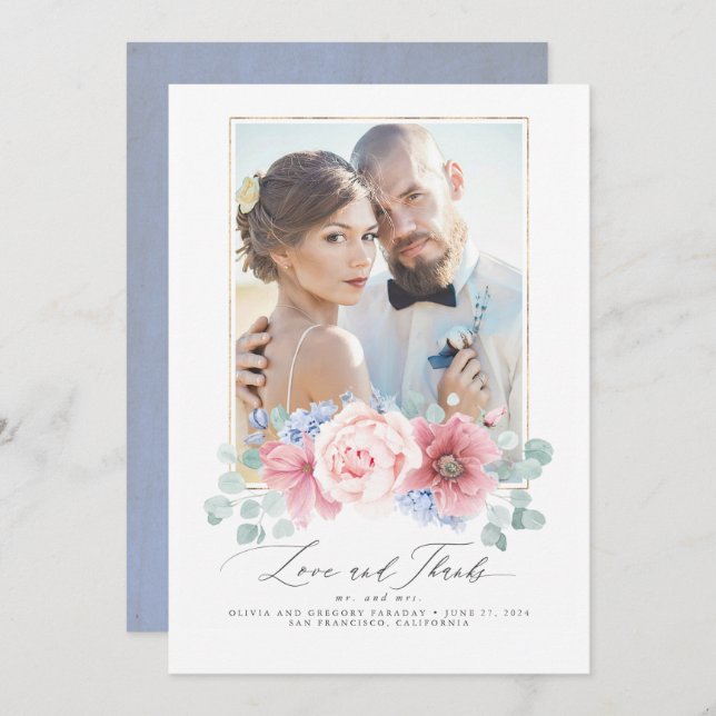 Dusty Pink and Dusty Blue Floral Wedding Thank You Invitation (Front/Back)