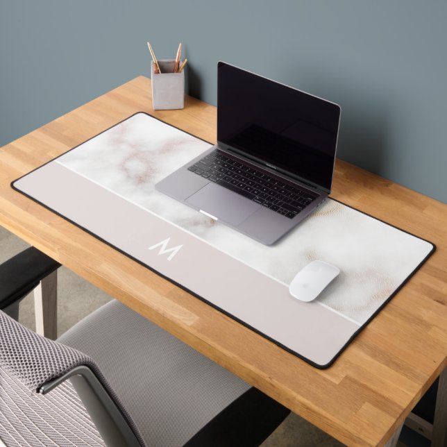 Dusty Pink and Gold Marble Monogram Desk Mat (Office 2)