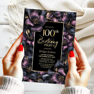 Dusty Pink and Grey Floral 100th Birthday Party Invitation