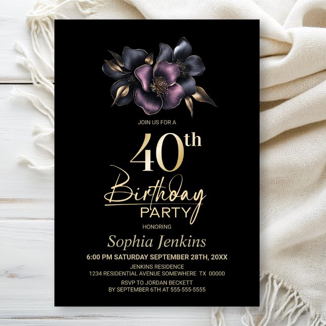 Dusty Pink and Grey Floral 40th Birthday Party Invitation (Creator Uploaded)
