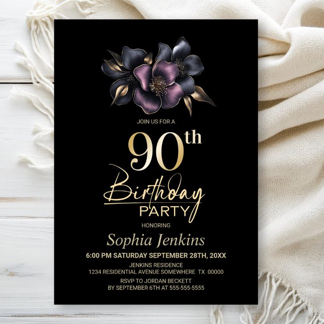 Dusty Pink and Grey Floral 90th Birthday Party Invitation (Creator Uploaded)