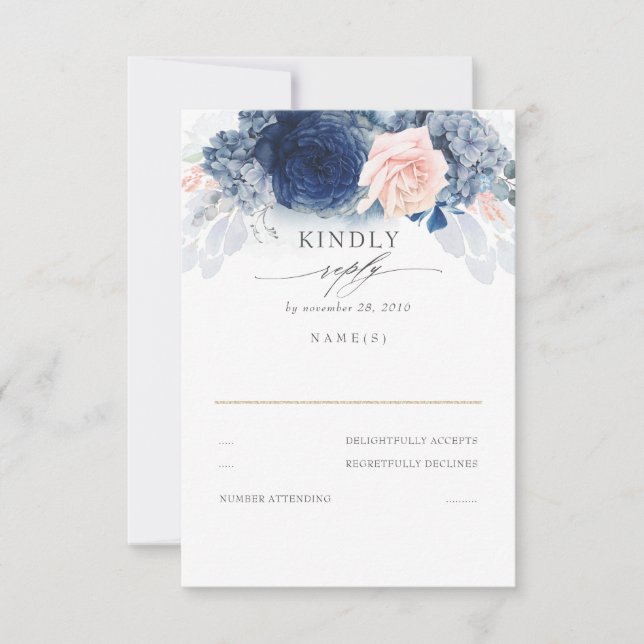 Dusty Pink and Navy Blue Wedding RSVP Card (Front)