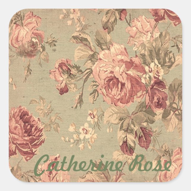 Dusty Pink and Sage Green Roses Personalised Square Sticker (Front)