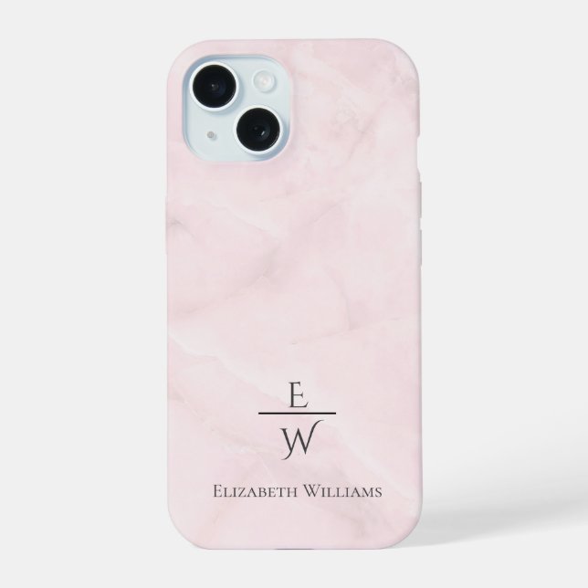 Dusty pink and white marble glitter personalized  iPhone 15 case (Back)