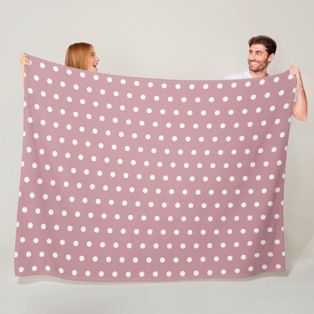 Dusty Pink and White Retro Polka Dot Pattern Fleece Blanket (In Situ)