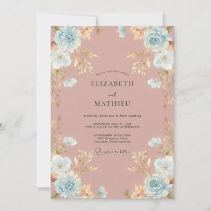 Dusty Pink Aqua Ranunculus Eucalyptus Wedding Invitation